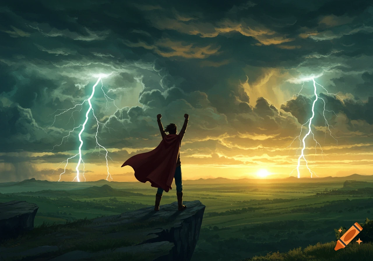 A figure in a red cape stands on a cliff, arms raised triumphantly, looking at a dramatic stormy landscape with lightning and a setting sun.