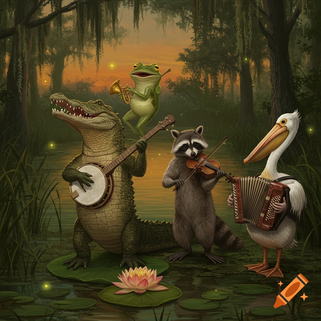 An alligator plays a banjo, a frog a trumpet, a raccoon a violin, and a pelican an accordion in a firefly-lit swamp at sunset.