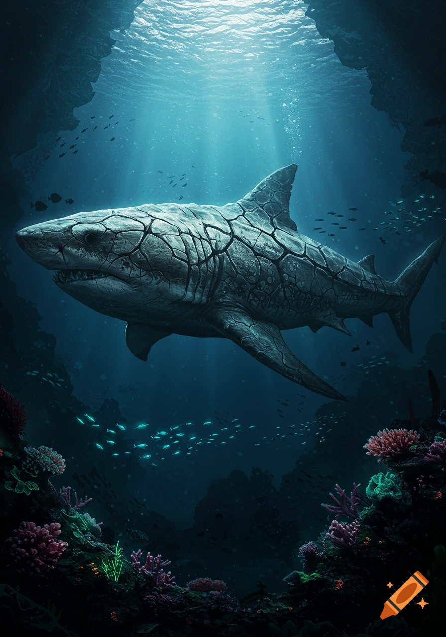 Large shark with cracked, stone-like skin swims in a dark blue ocean, light rays from above, surrounded by small fish and colorful coral.