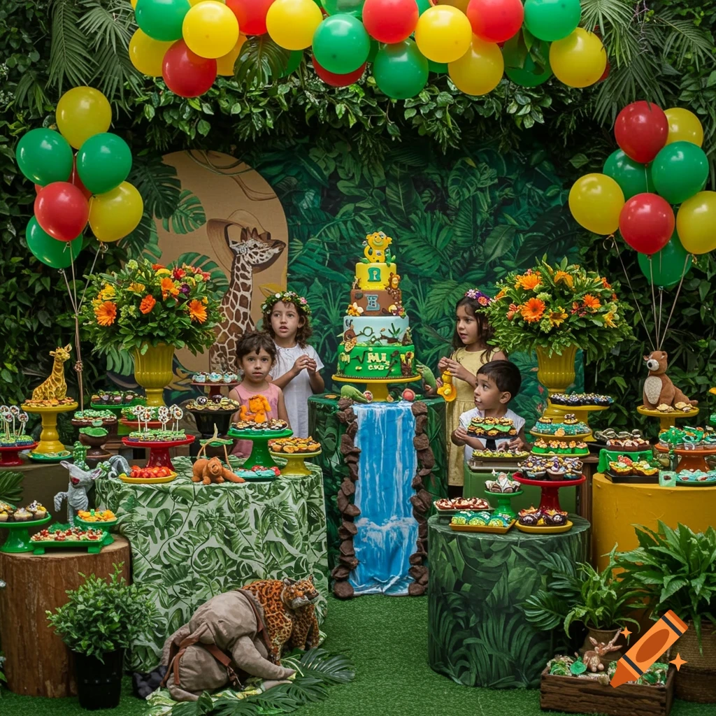 A vibrant jungle-themed birthday party with children, a multi-tiered cake, colorful balloons, and an array of desserts.