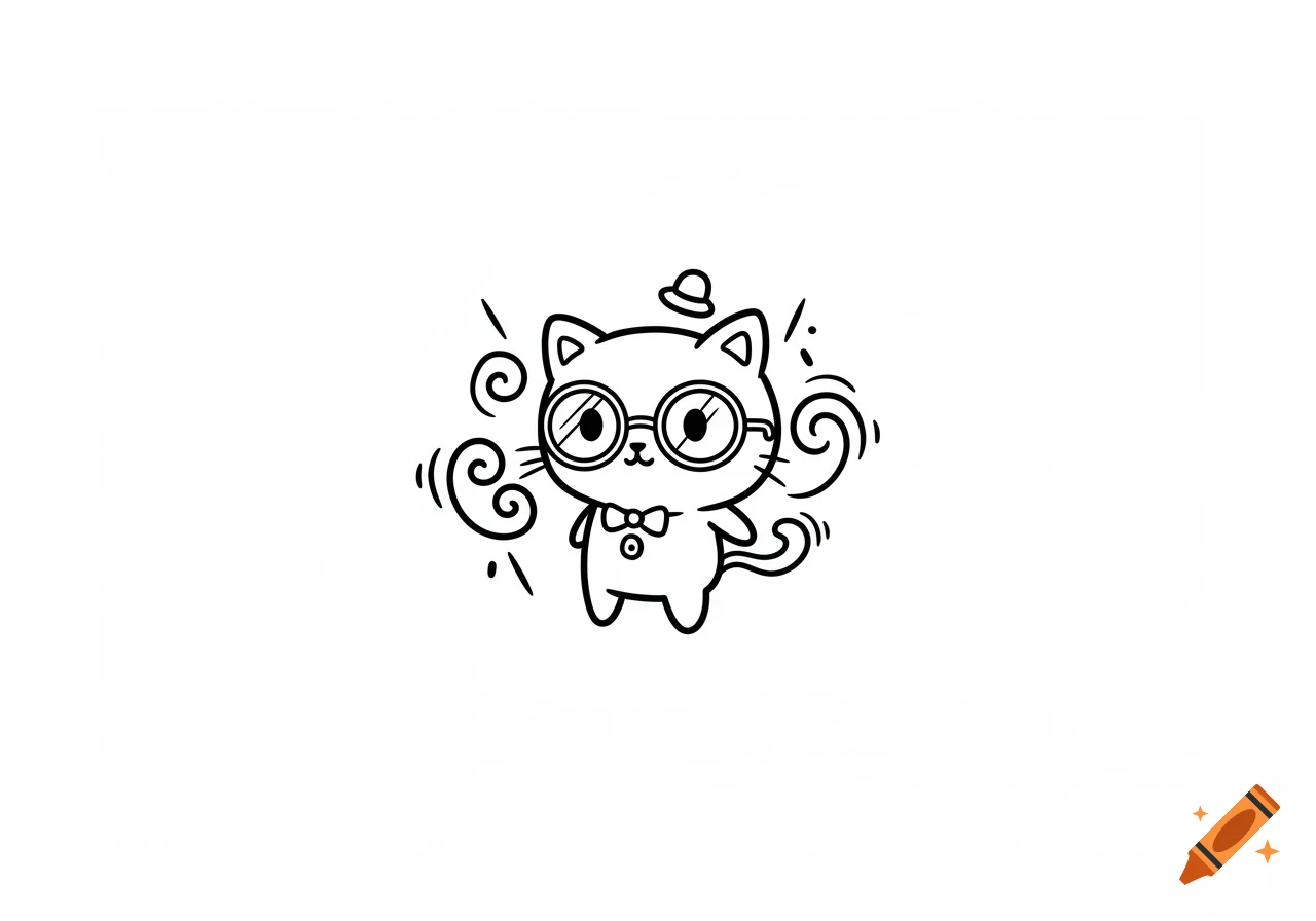 Black and white line art of a cute cartoon cat wearing round glasses, a bow tie, and a small hat, with decorative swirls around it.