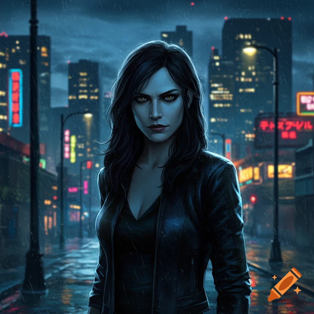 A dark-haired woman with glowing yellow eyes stands in a rainy neon-lit city street at night, wearing a black leather jacket, looking intensely forward.