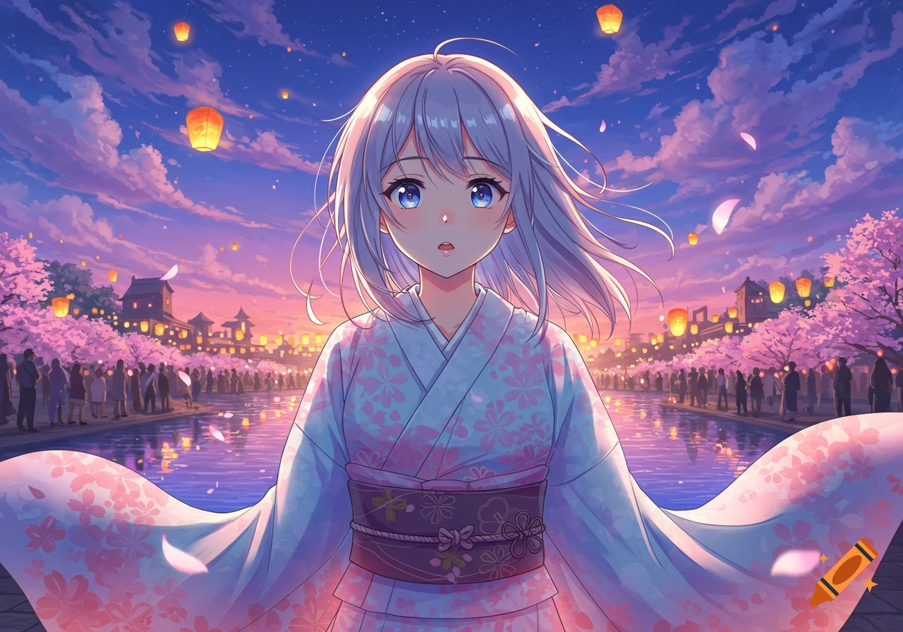Anime girl in a kimono at a cherry blossom festival with lanterns floating under a sunset sky.