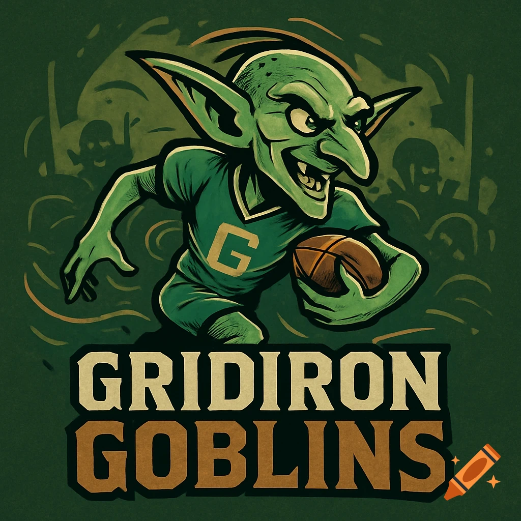 Cartoon illustration of a green goblin in a football jersey with a 'G' holding a football. Text below reads 'GRIDIRON GOBLINS'.