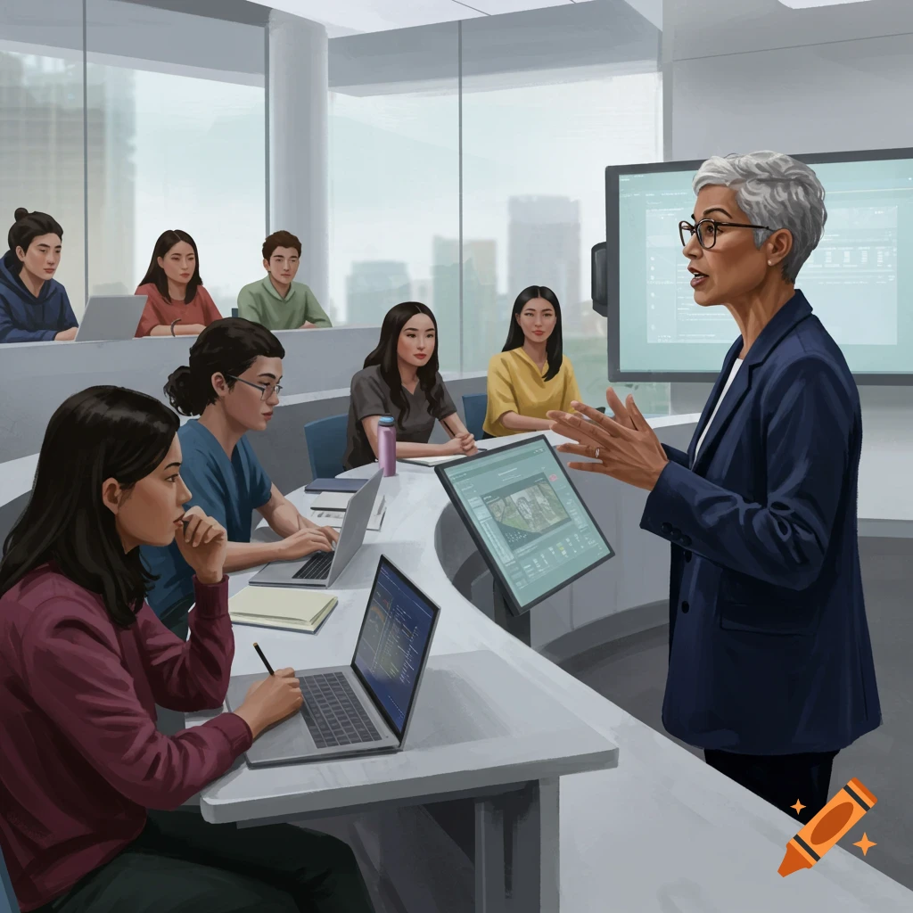 A female professor lectures in a modern classroom to a diverse group of students, with screens displaying data.
