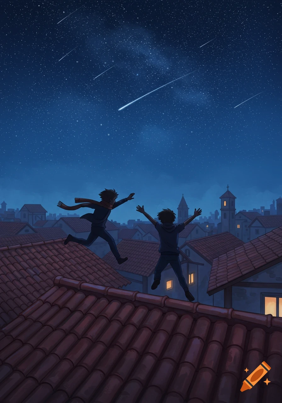 Two anime-style figures joyfully jump across dark tiled rooftops under a starry night sky with shooting stars.