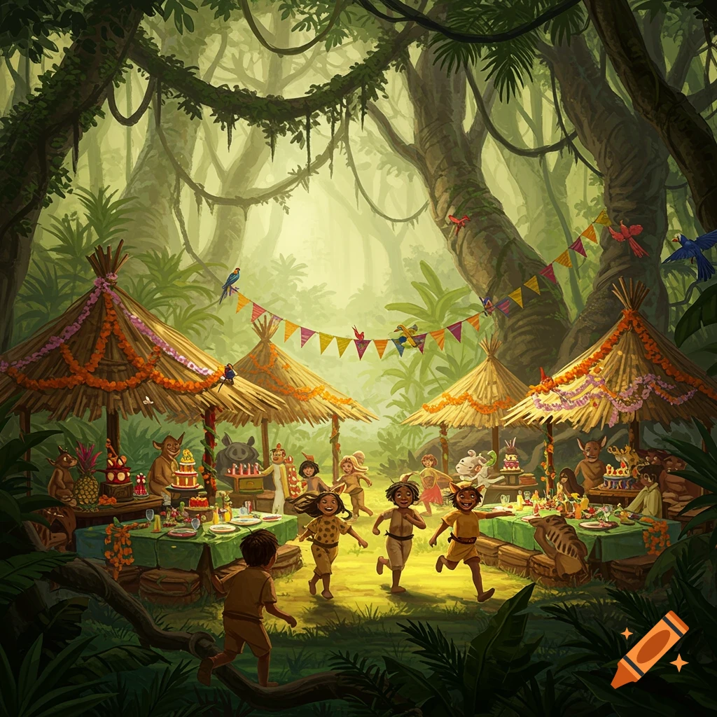 Cartoon jungle birthday party with children running and animal guests under straw huts decorated with garlands.