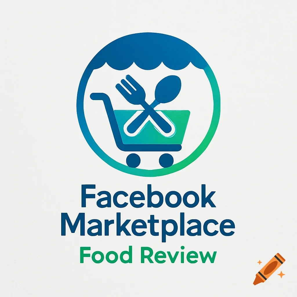 Blue and green logo for Facebook Marketplace Food Review featuring a shopping cart with a crossed fork and spoon inside.