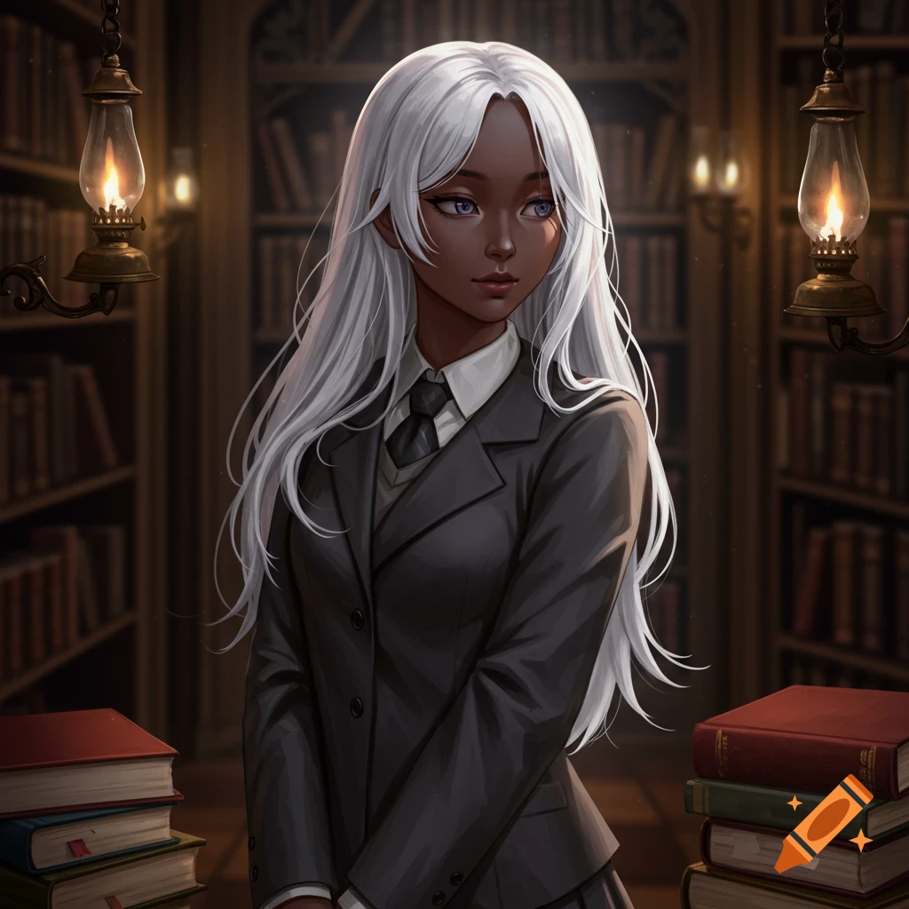 Anime girl with dark skin and long white hair wearing a suit, standing in a dim library with glowing lamps and stacks of books.