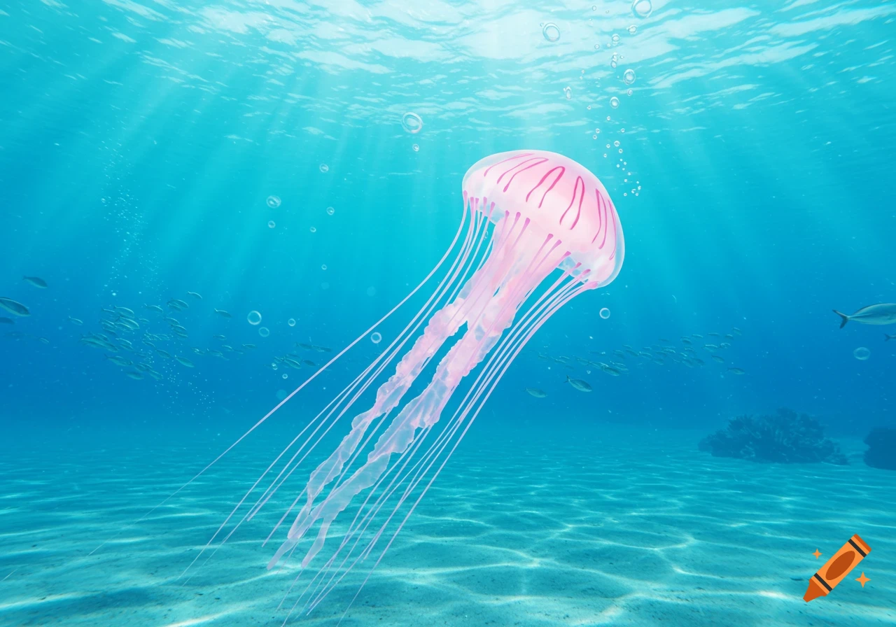 A vibrant pink jellyfish with long tentacles floats gracefully in a clear blue ocean, illuminated by sun rays, with schooling fish and a sandy seabed.