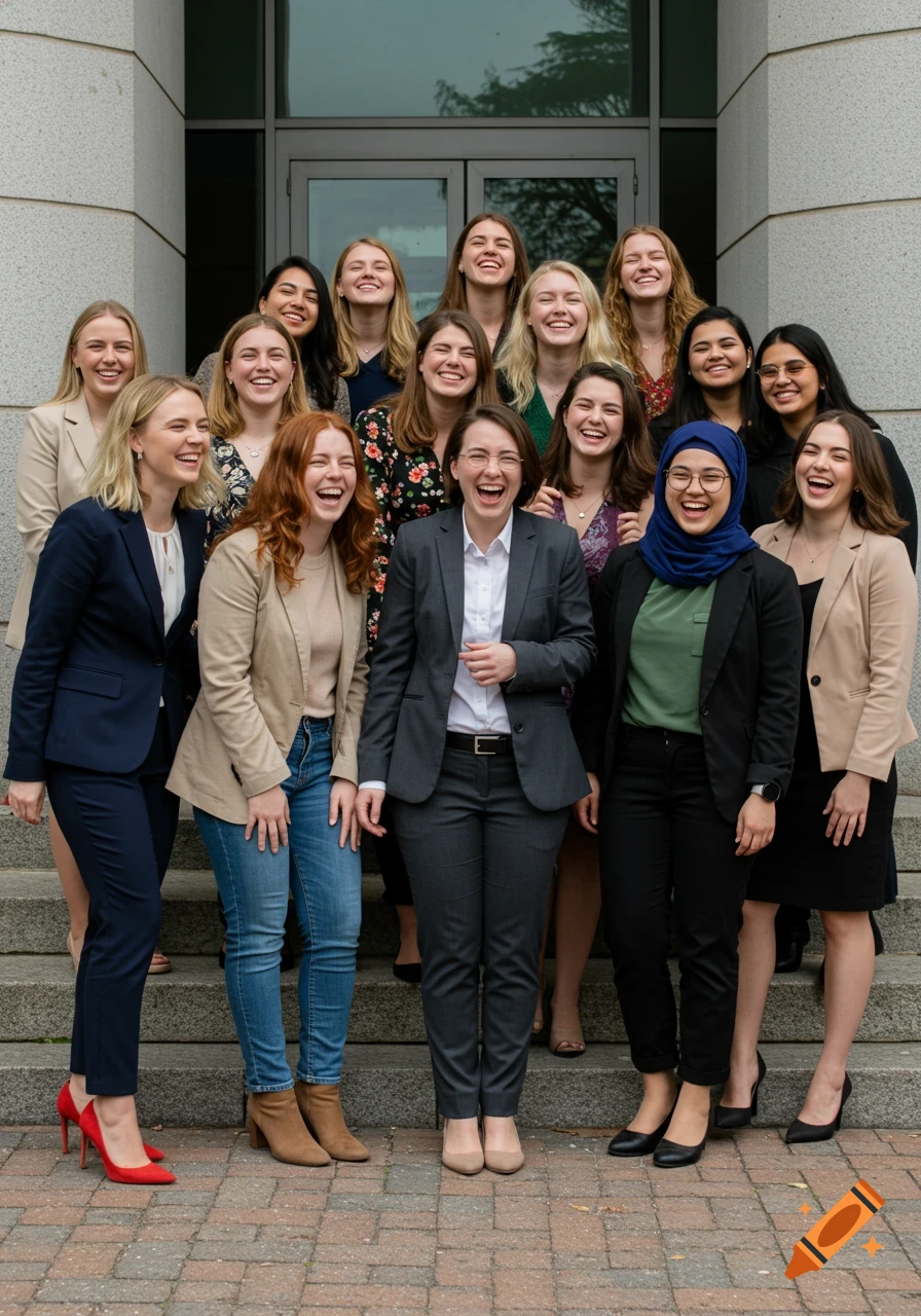A diverse group of professional women in business attire stand on steps outside a building, all laughing and smiling.