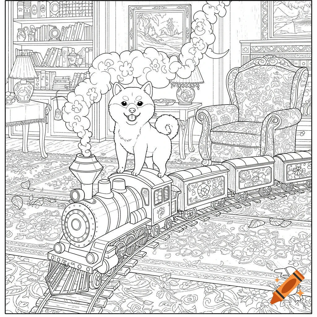 A happy Shiba Inu dog rides a toy train through a detailed living room, black and white coloring book line art.