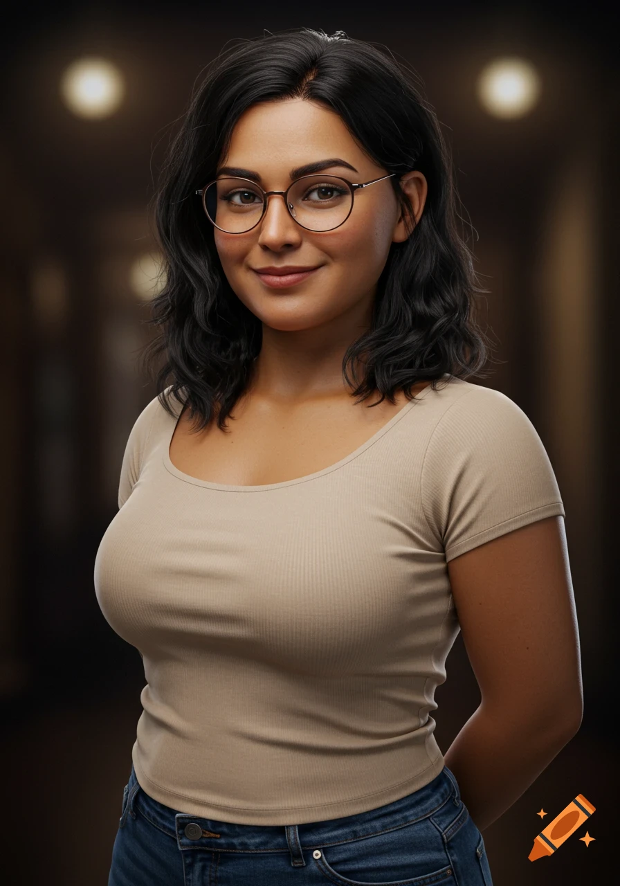 A smiling woman with dark, wavy hair and round glasses wears a beige ribbed shirt and jeans in a photorealistic portrait.