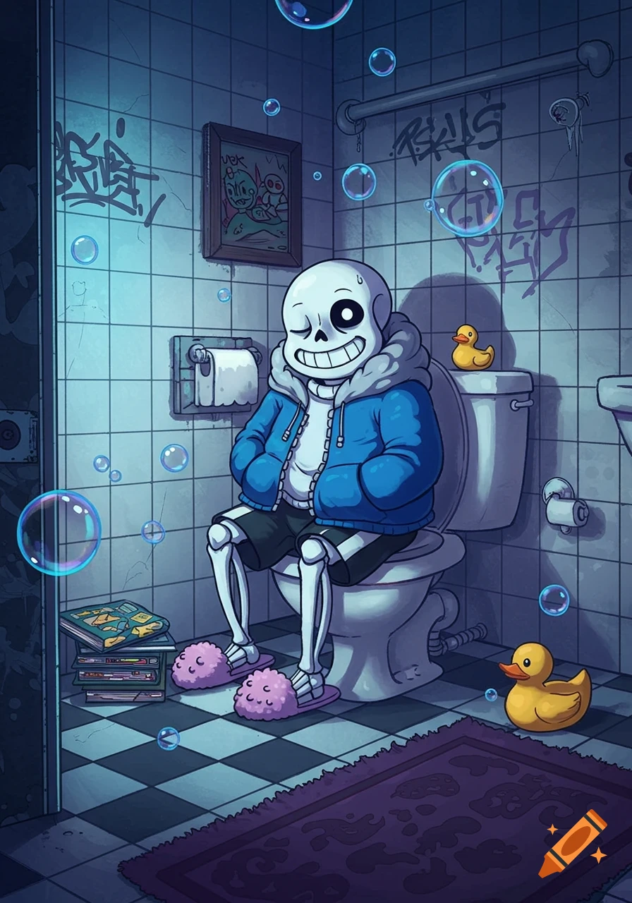 Cartoon of Sans from Undertale, a skeleton in a blue hoodie and pink slippers, sitting on a toilet in a grimy, tiled bathroom with rubber ducks and bubbles.