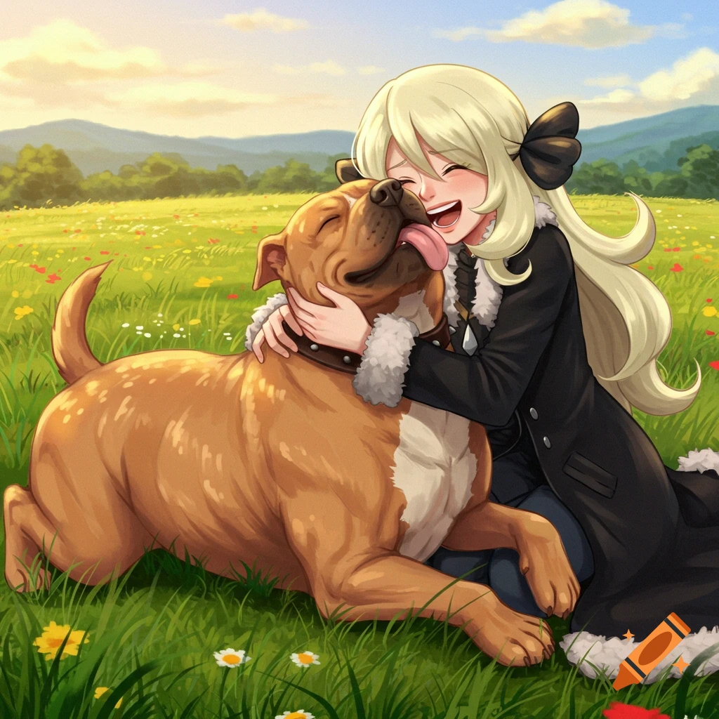 Anime woman Cynthia from Pokemon hugs a smiling Pitbull dog as it licks her face in a sunny, flower-filled field.