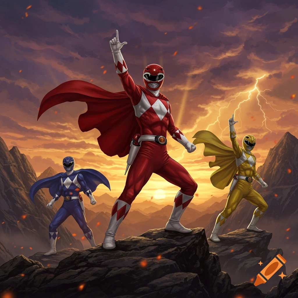 Red, Blue, and Yellow Power Rangers pose heroically on rocks against a dramatic sunset and lightning.