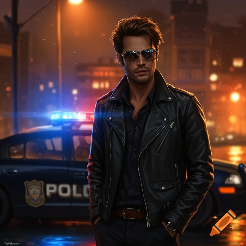 A man in a leather jacket and sunglasses stands in front of a police car with flashing lights on a rainy city night, digital art.