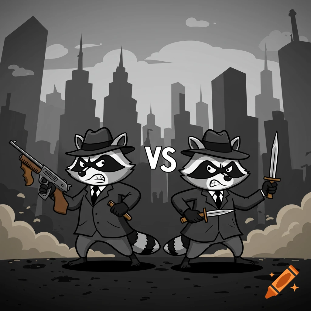 Two angry cartoon raccoons in gangster suits, one with a shotgun and one with daggers, face off with "VS" text between them, against a dark city skyline.