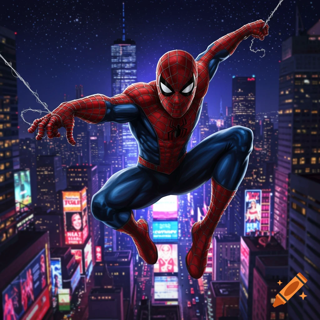 Spider-Man swings through a bustling city at night, illuminated by glowing billboards and towering skyscrapers.