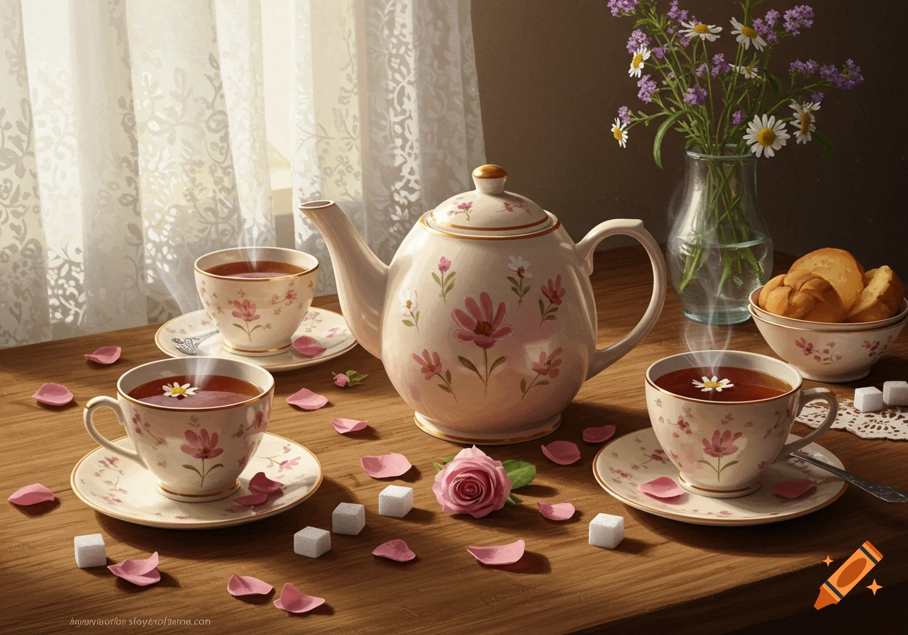 A cozy still life of a teacup, teapot, and saucer set with floral patterns, alongside sugar cubes, rose petals, and a vase of wildflowers on a wooden table with lace curtains.