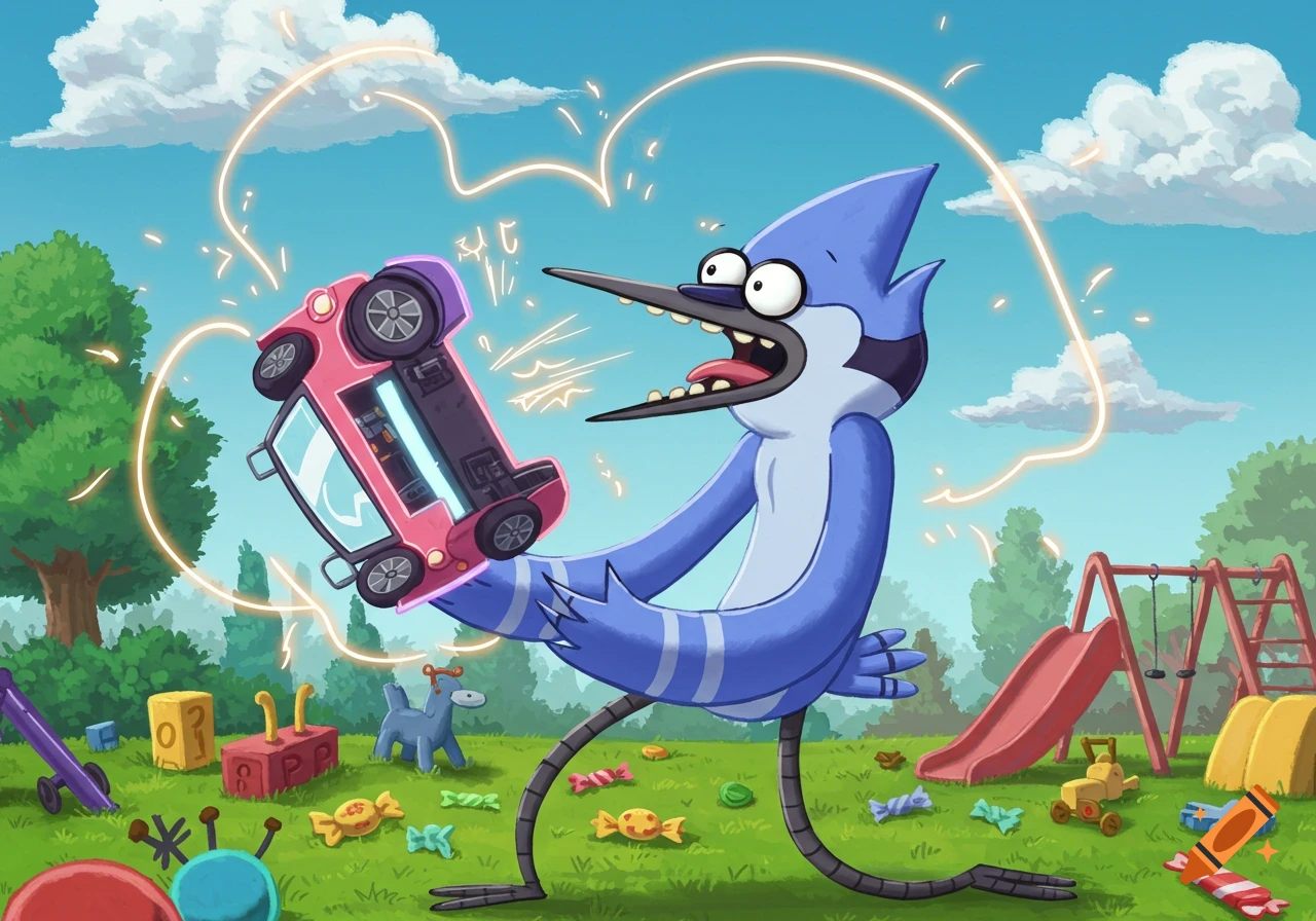 Mordecai from Regular Show, a blue jay, wide-eyed and screaming, holds a pink electric car upside down amidst glowing sparks in a cartoon playground.