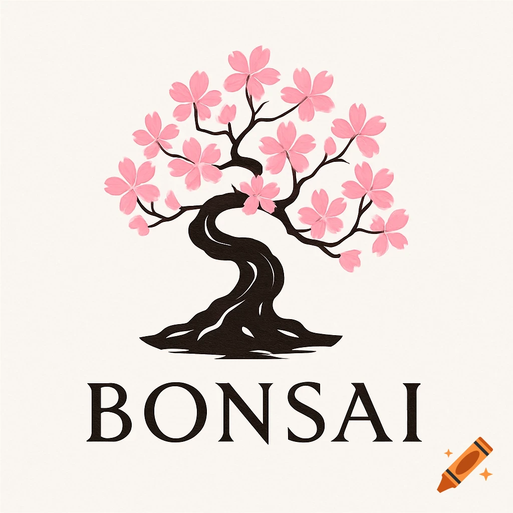 Stylized logo of a dark brown bonsai tree with pink cherry blossoms on a light textured background, with 'BONSAI' text below.