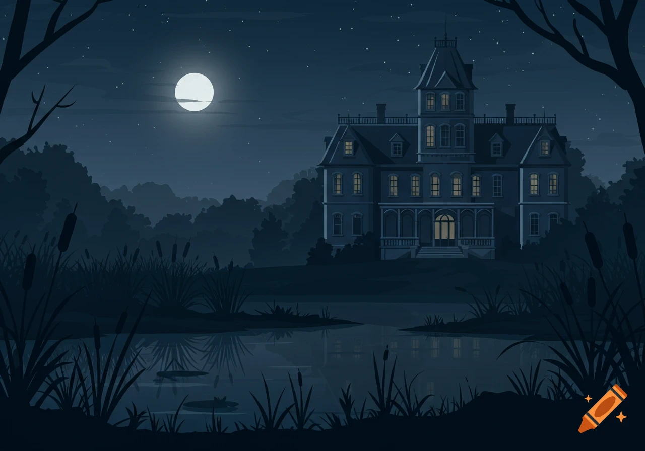 An illustration of a spooky mansion with lit windows on the edge of a swamp under a full moon at night.