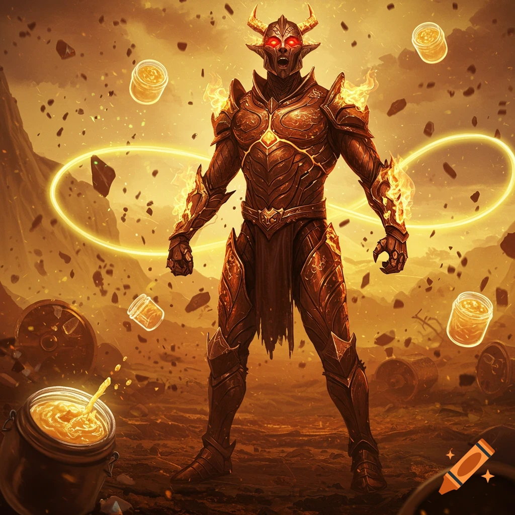 A demonic figure in ornate, fiery armor with glowing red eyes stands in a desolate, burning landscape, surrounded by floating jars.