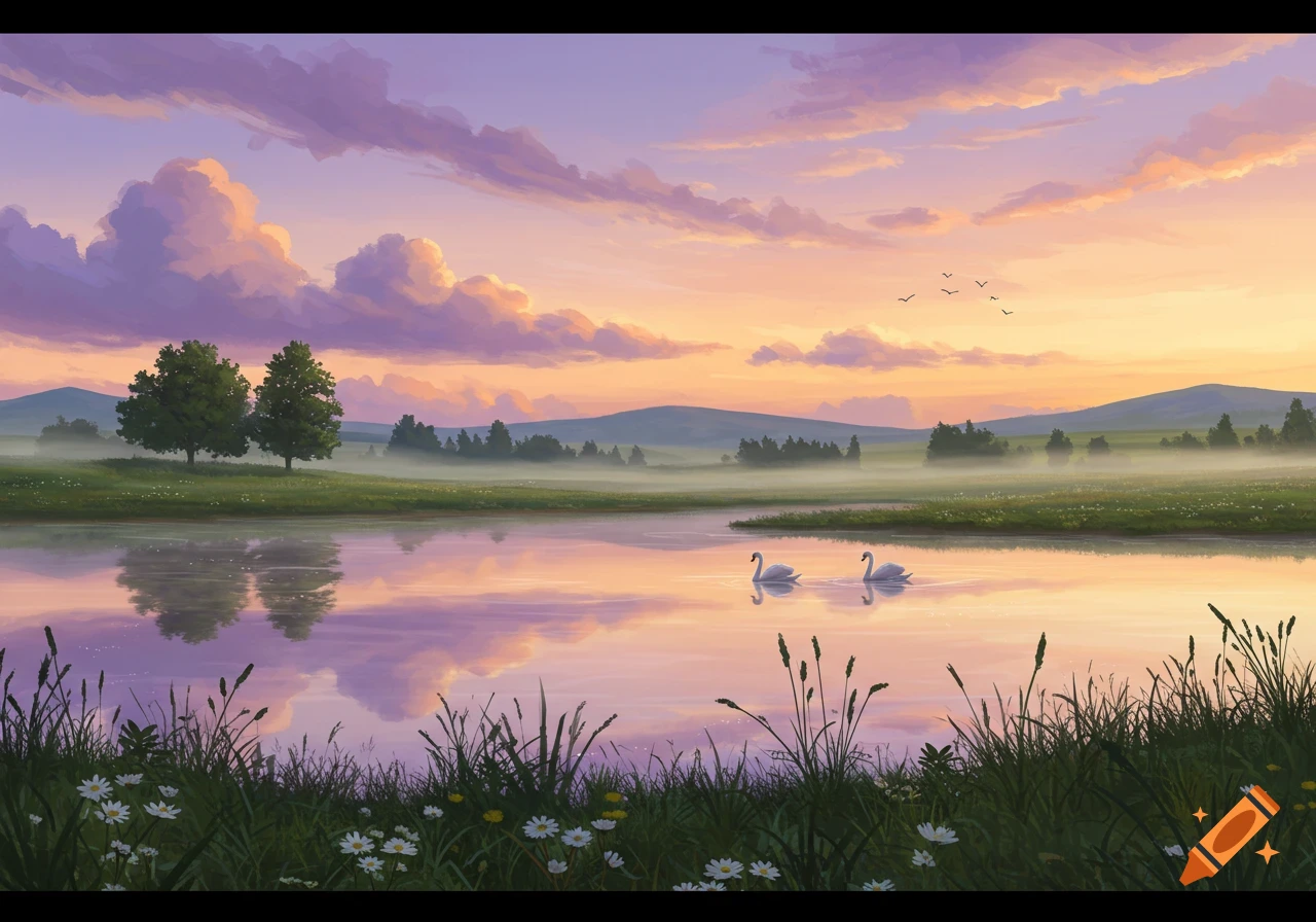 A serene digital painting of two swans on a tranquil lake at sunset, with lush green banks, trees, and colorful clouds.
