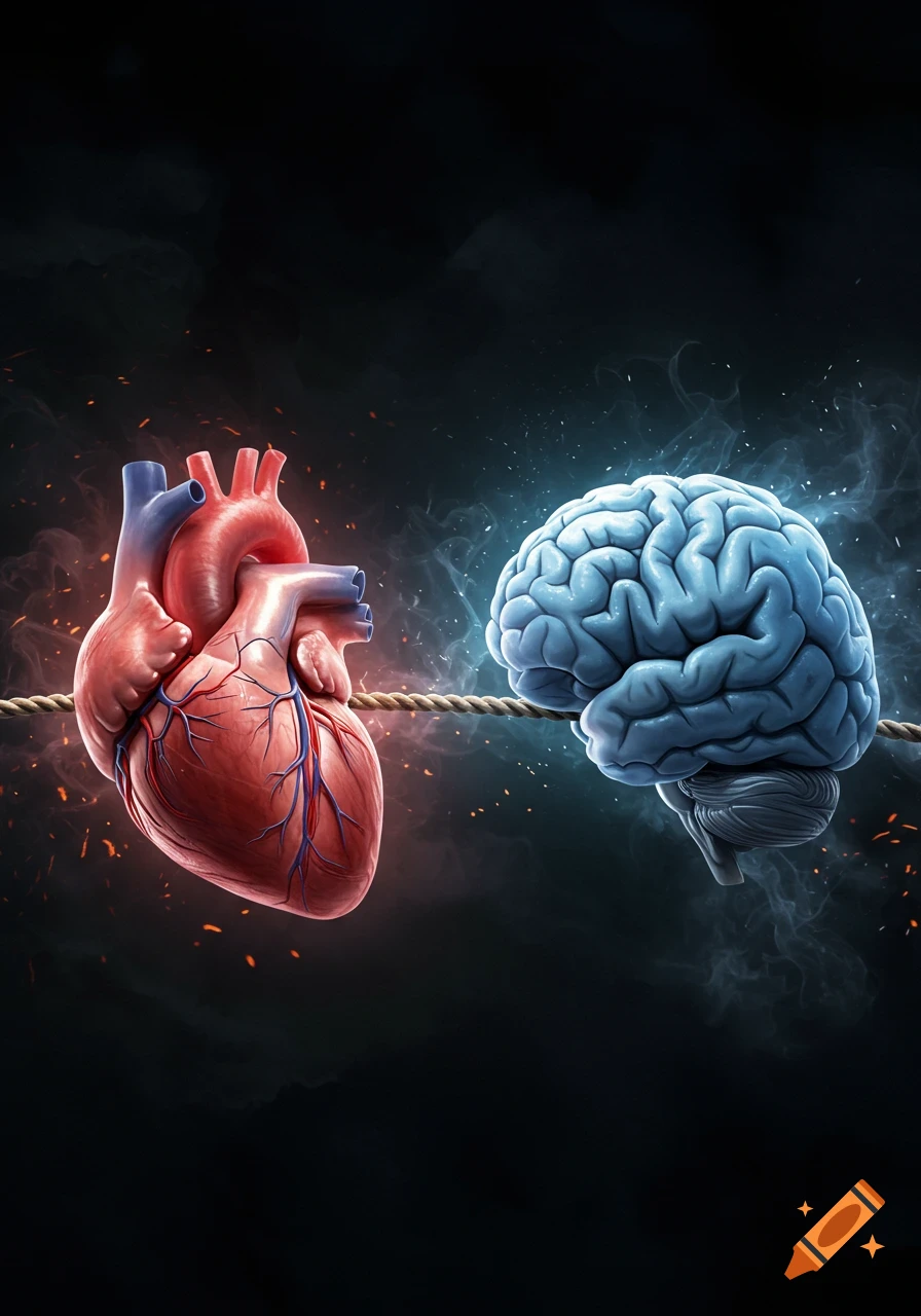 A hyperrealistic human heart and a glowing blue human brain pulling a rope in a tug-of-war against a dark, smoky background.