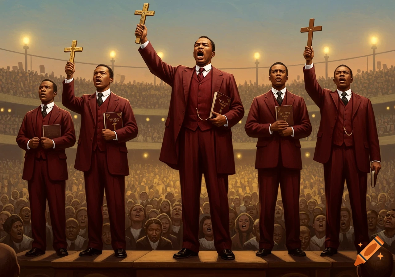 Five men in maroon suits stand on a stage, preaching to a large crowd, holding crosses and Bibles.