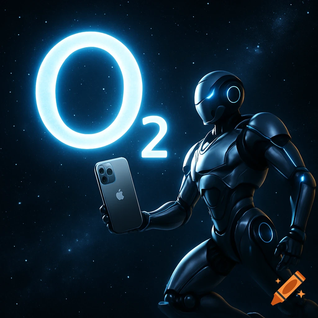 A sleek, dark robot flies through space, holding an iPhone, with a large, glowing O2 logo in the background.