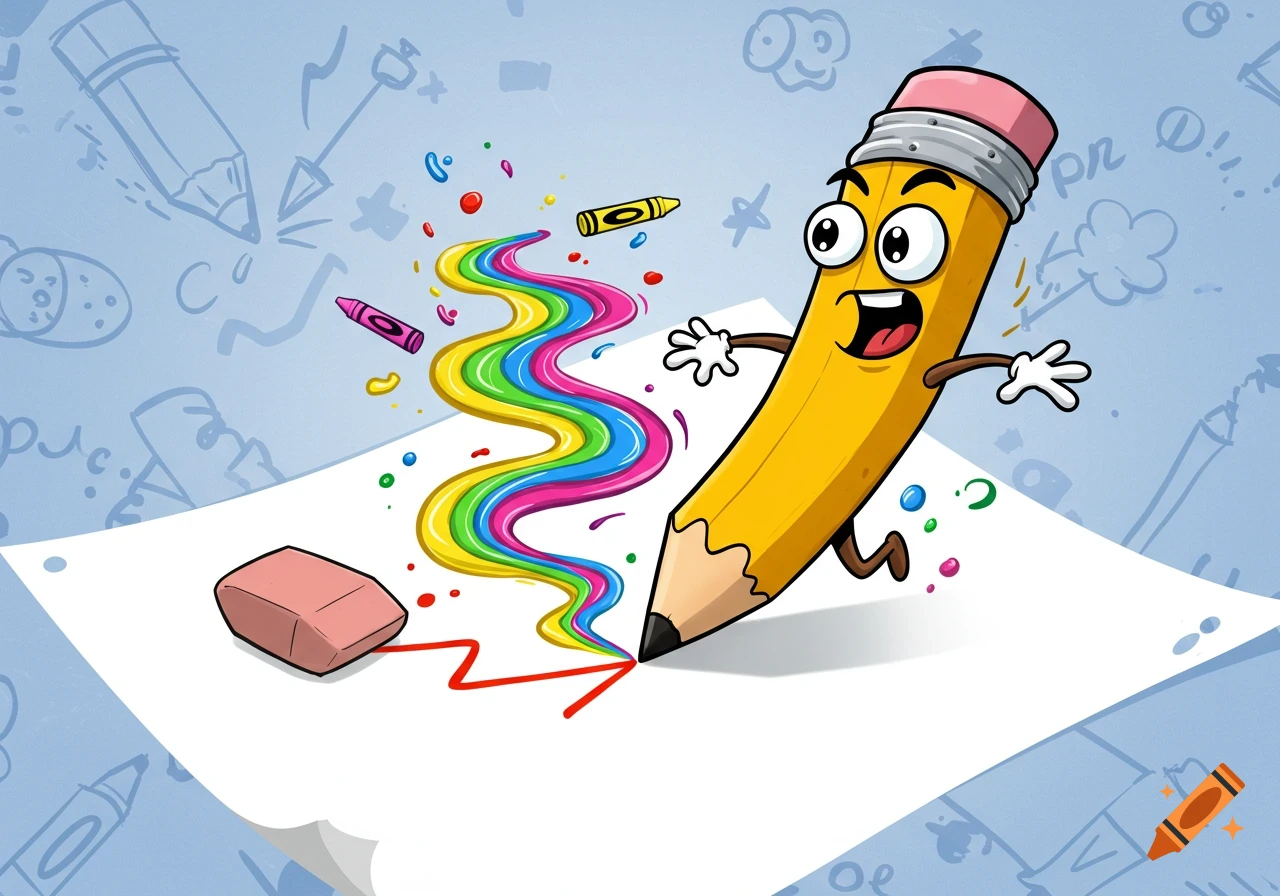 A vibrant cartoon pencil with an excited expression draws a rainbow path across a white paper, with colorful crayons and an eraser scattered around.
