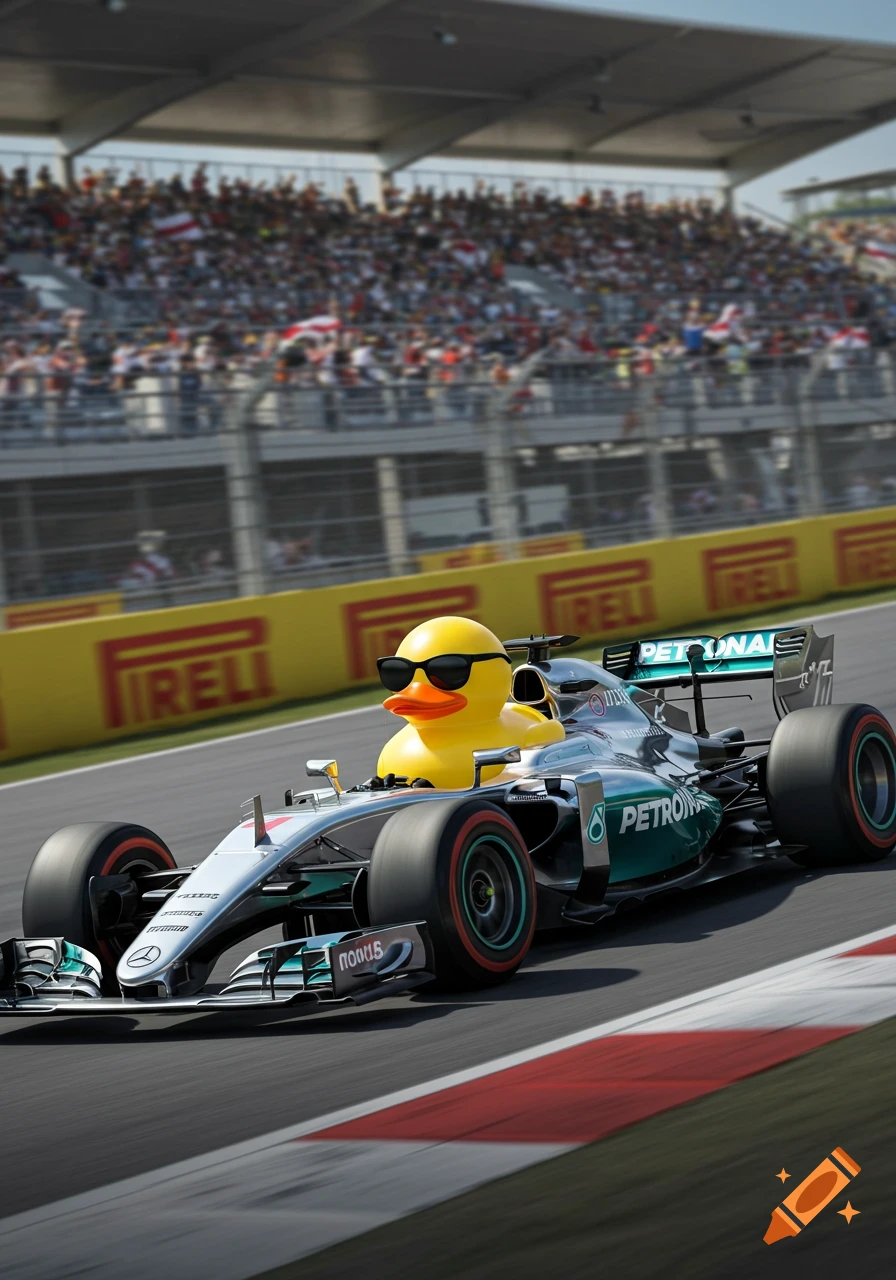 A rubber duck wearing sunglasses drives a silver Formula 1 car on a race track with a blurry crowd in the background, side view.