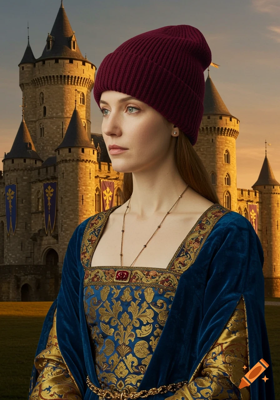 A woman in a blue medieval gown and burgundy beanie stands before a castle at sunset.