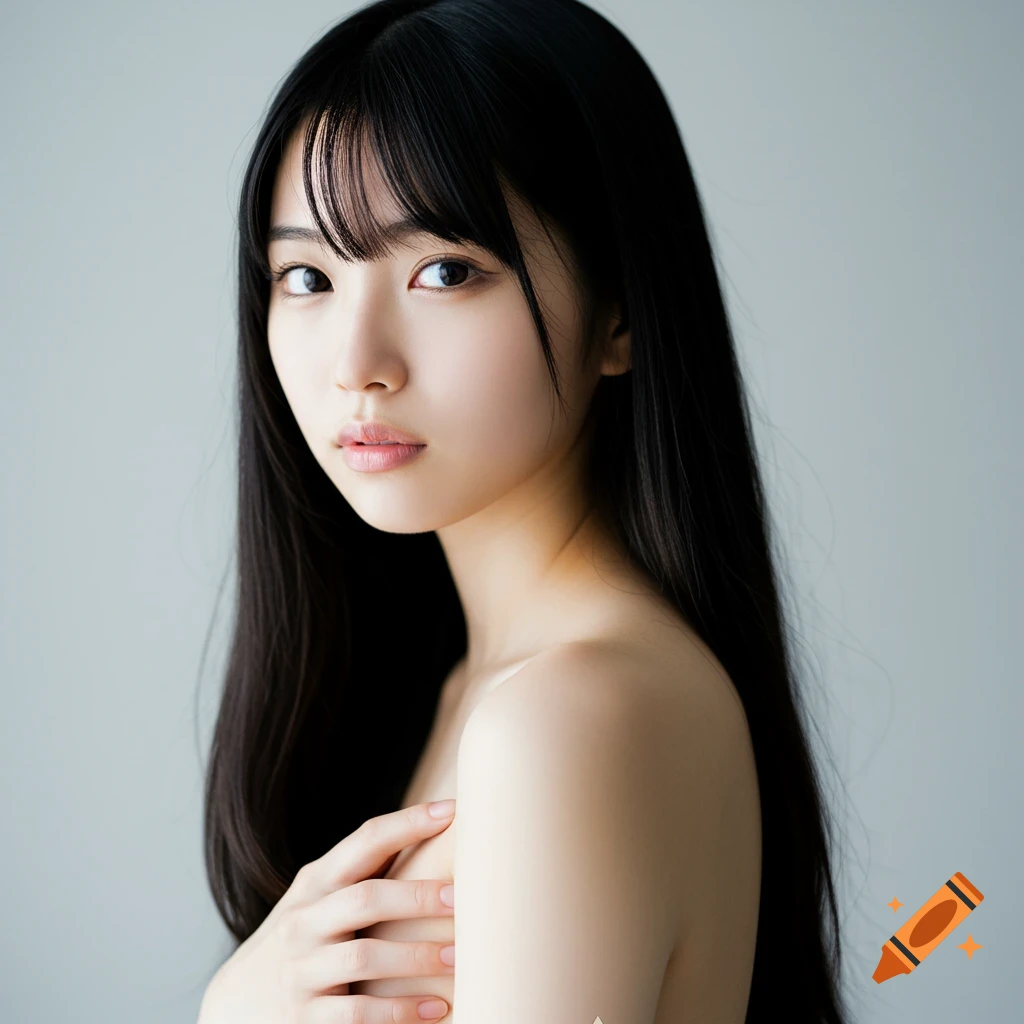 Photorealistic portrait of a young Japanese woman with long black hair, looking directly at the viewer, hands covering her chest.