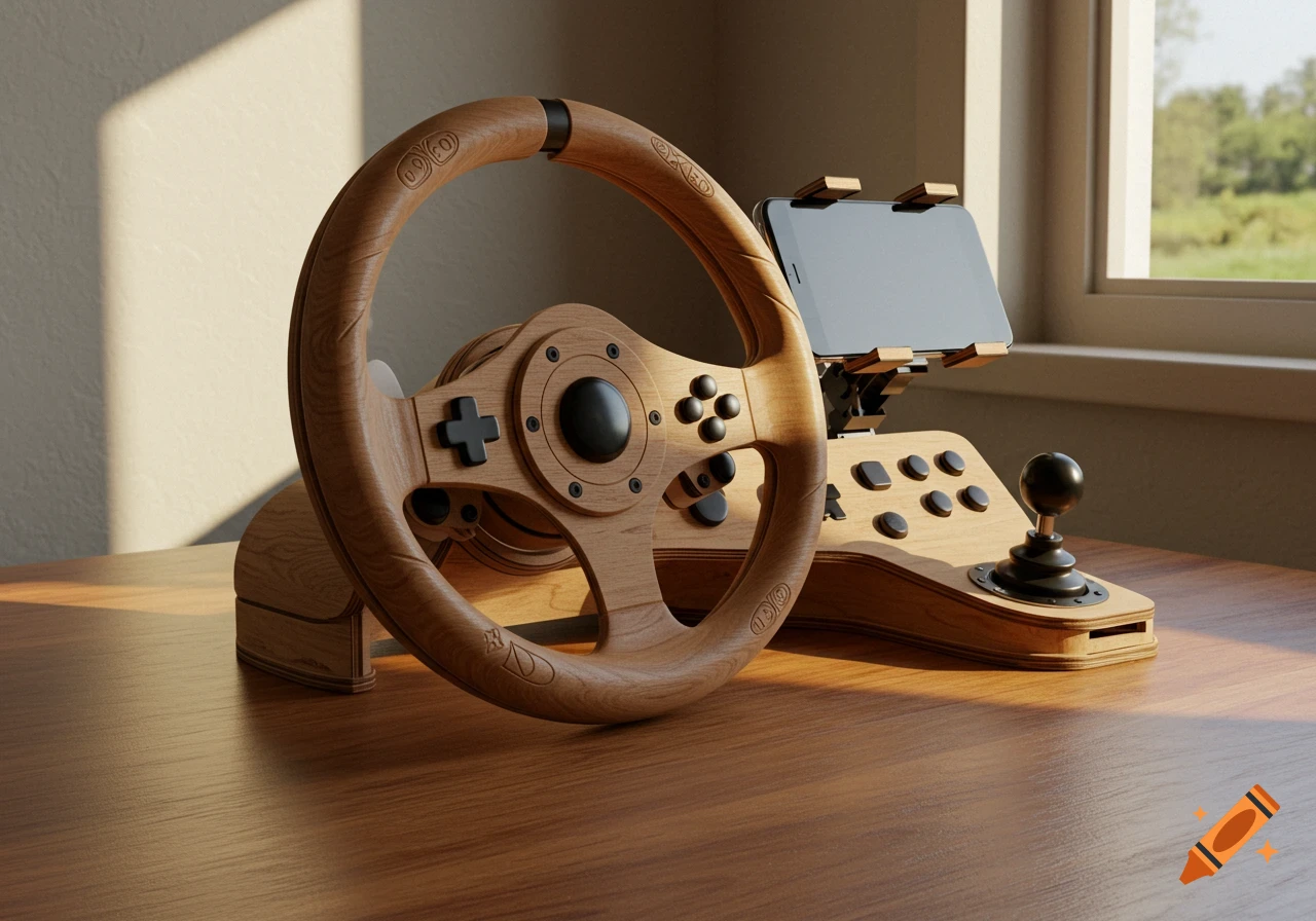 A wooden DIY racing wheel simulator with a phone mount and joystick on a wooden table near a window.