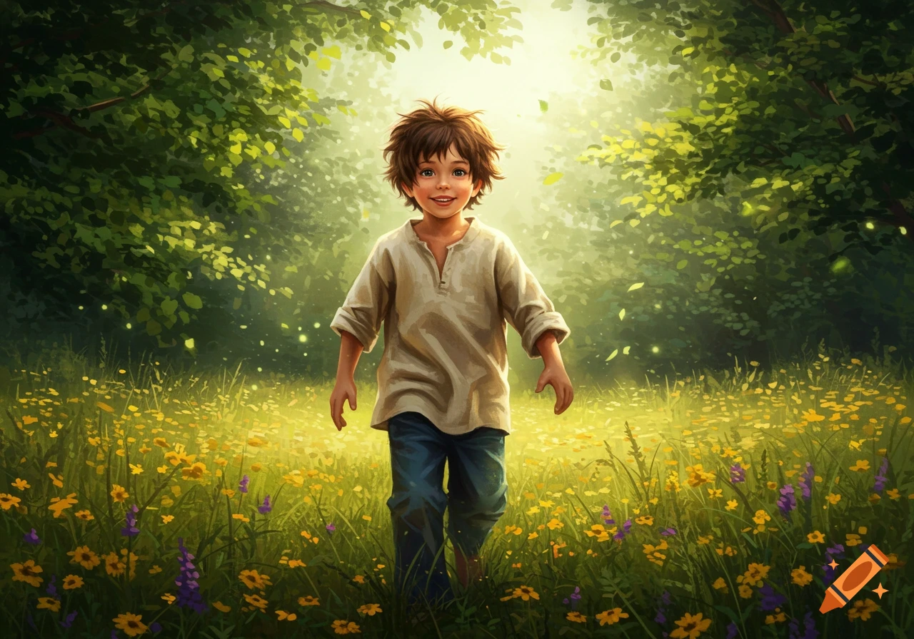 A smiling young boy with messy brown hair walks through a bright, sunlit meadow filled with yellow and purple wildflowers, surrounded by lush green trees.