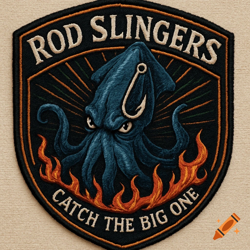 Embroidered fishing club patch featuring a menacing blue squid with a hook, flames, and text 'ROD SLINGERS CATCH THE BIG ONE'.