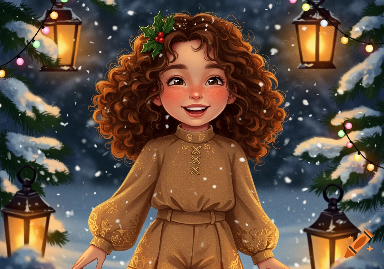Smiling cartoon girl with curly brown hair wearing a tan Christmas outfit in a snowy winter scene with lanterns and string lights.