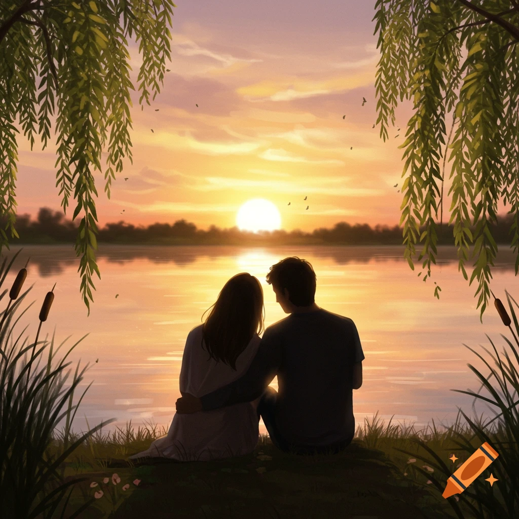 Illustrated image of a couple embracing by a lake, watching the sunset under weeping willow branches.