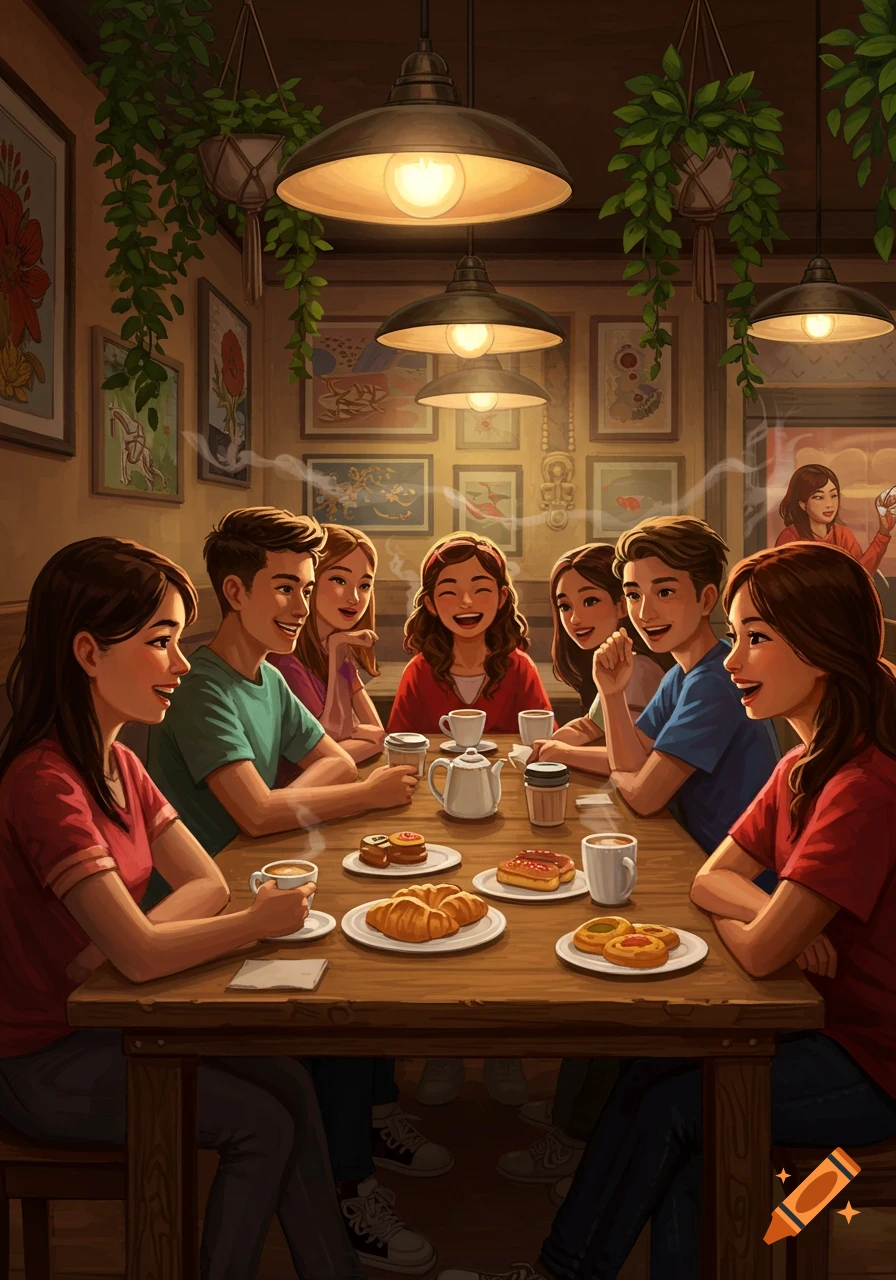 An illustration of a diverse group of young adults laughing and chatting around a table in a cozy cafe, enjoying coffee and pastries.
