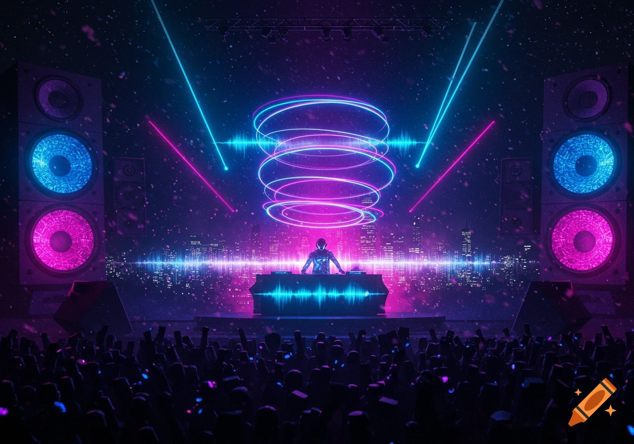 DJ on stage at a vibrant night concert with blue and pink neon lights, lasers, cityscape, and crowd.