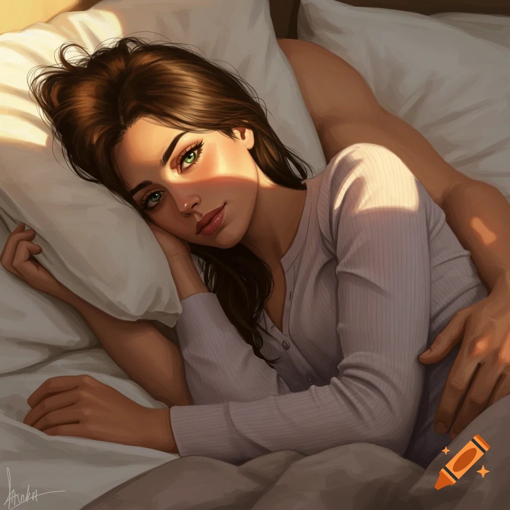 Beautiful brunette woman with green eyes lying in bed in a henley shirt, a man's arm draped over her. Digital illustration with warm light.
