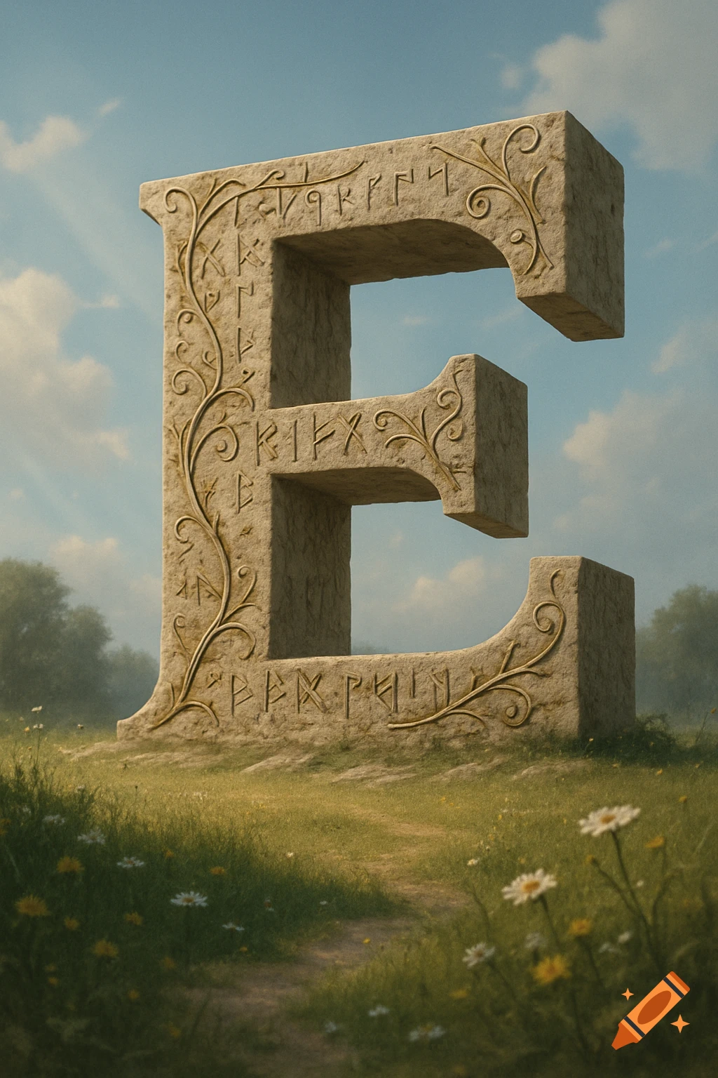 A massive stone letter E, intricately carved with ornate gold vines and ancient runes, stands in a vibrant green meadow under a blue sky with fluffy clouds. A narrow path winds through wildflowers towards the letter.