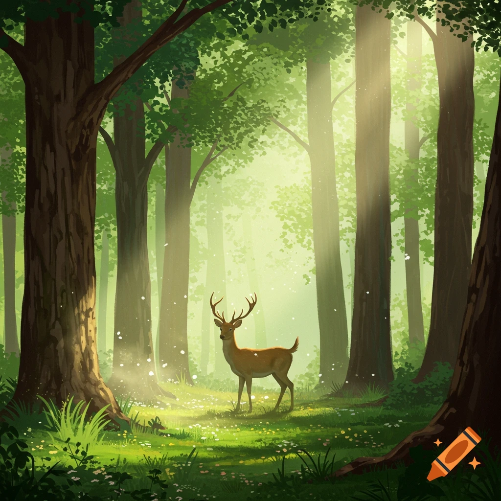 An illustrated deer with antlers stands in a sunlit forest clearing among trees and wildflowers.