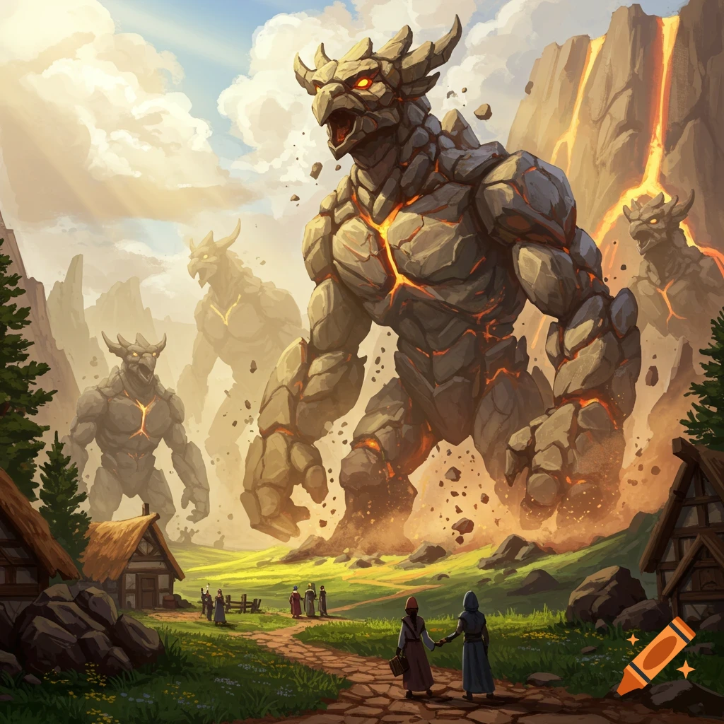Huge rock monsters with glowing lava cracks tower over a small village in a fantasy landscape.