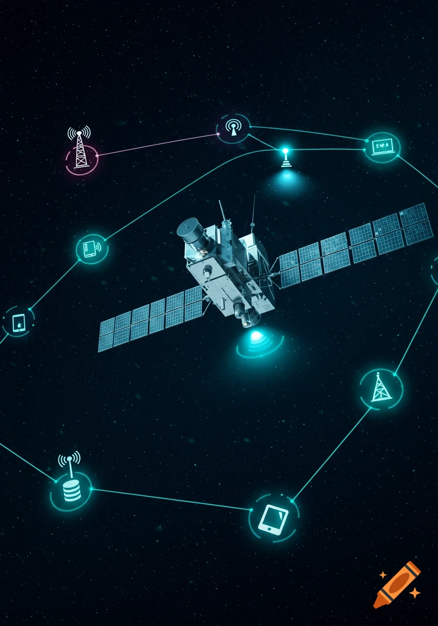 A digital illustration of a satellite orbiting in space, connected by glowing lines to various communication network icons.