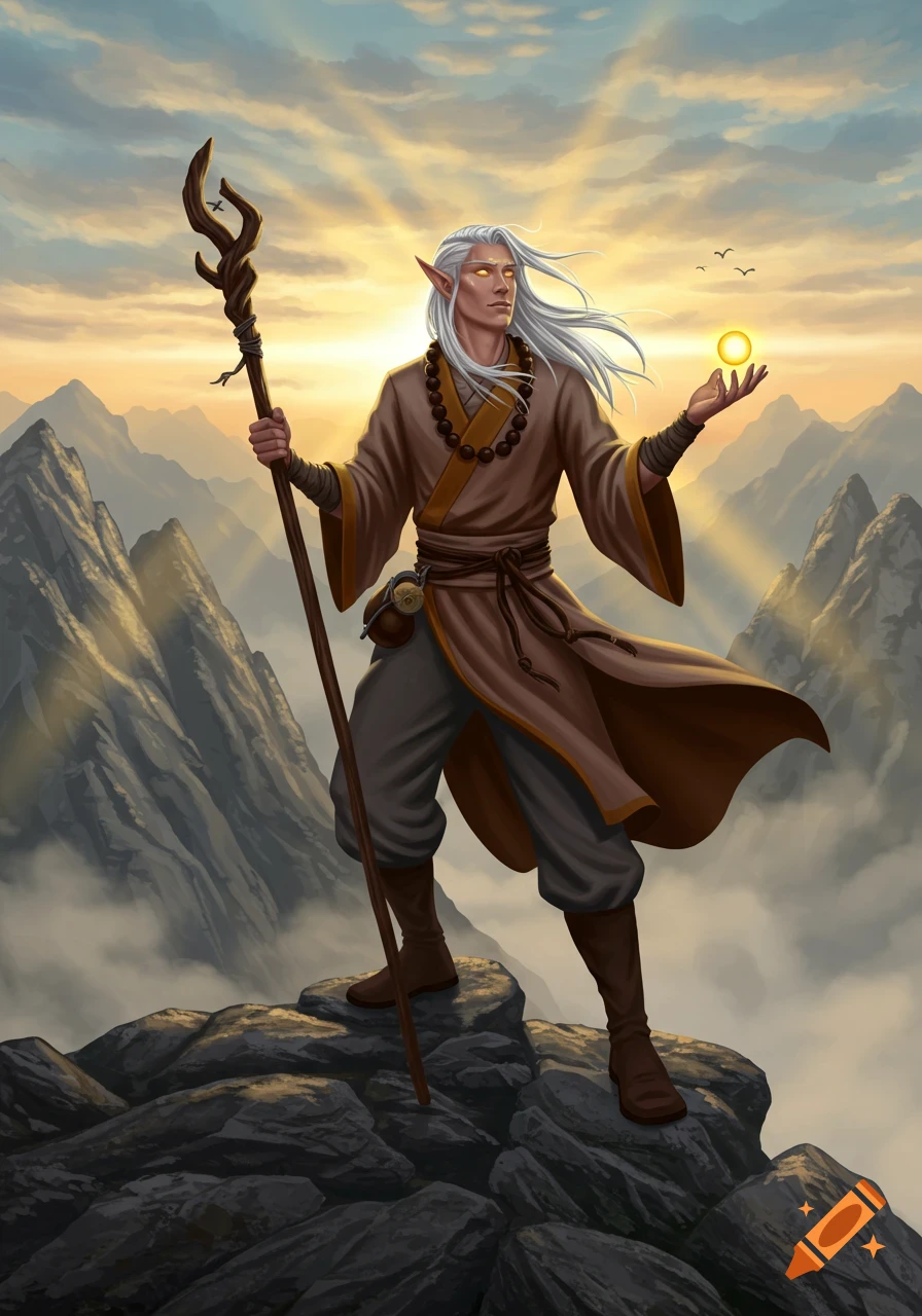 A male half-elf monk with white hair stands on a mountain peak at sunrise, holding a gnarled staff and a glowing orb.