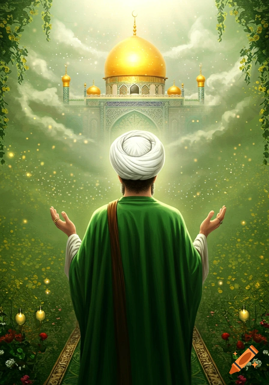 A man in a green robe and white turban with hands open in a glowing green landscape, facing a golden-domed mosque.